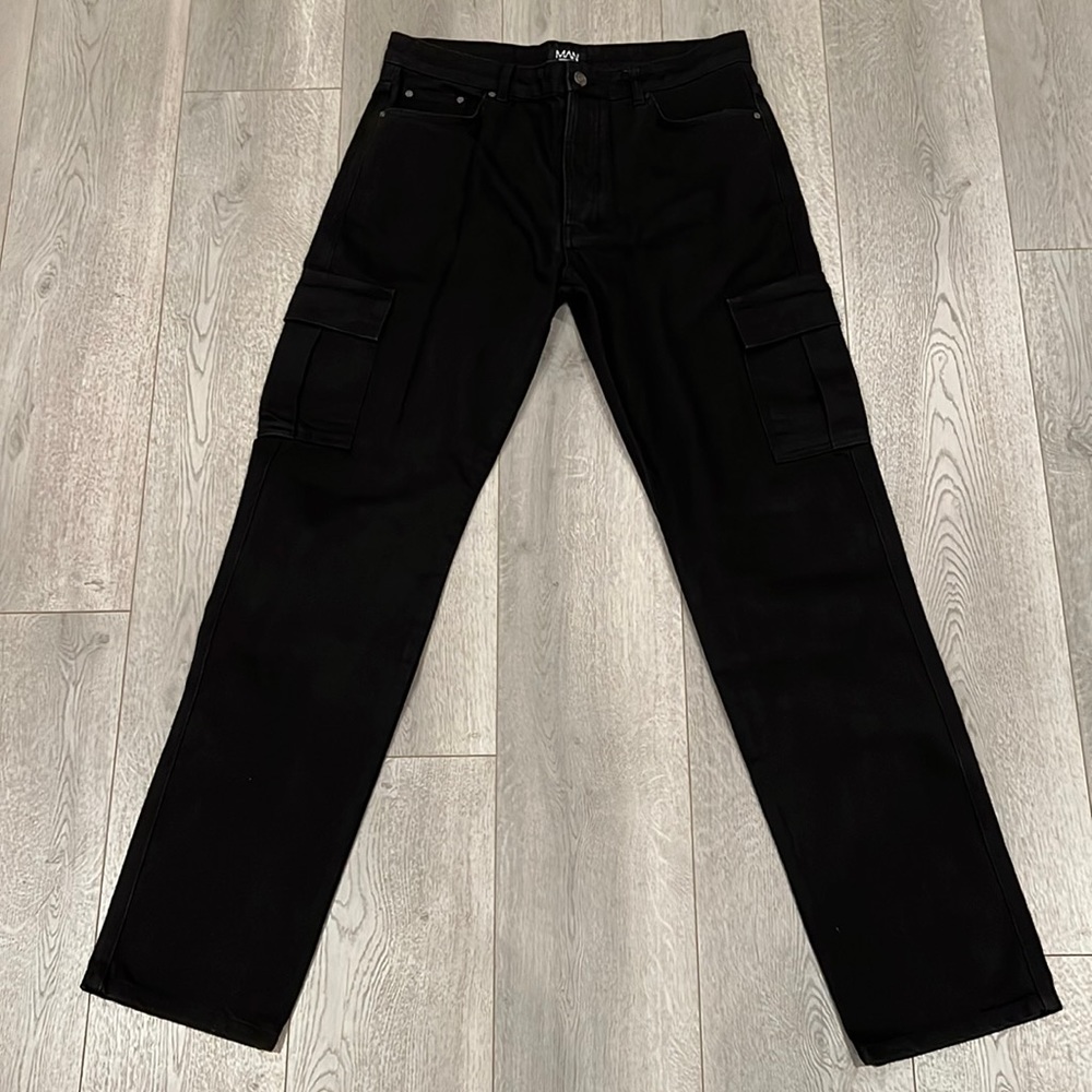 BoohooMan Men's Black Denim Cargo Style Trousers, Navy Blue, 34 Tall